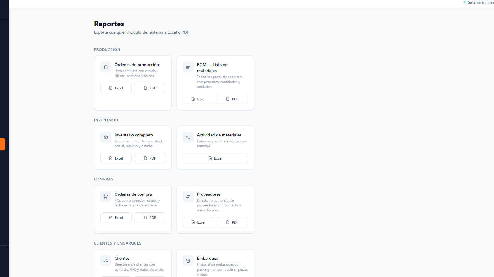 Módulo de Reportes — exporta producción, inventario y compras a Excel o PDF